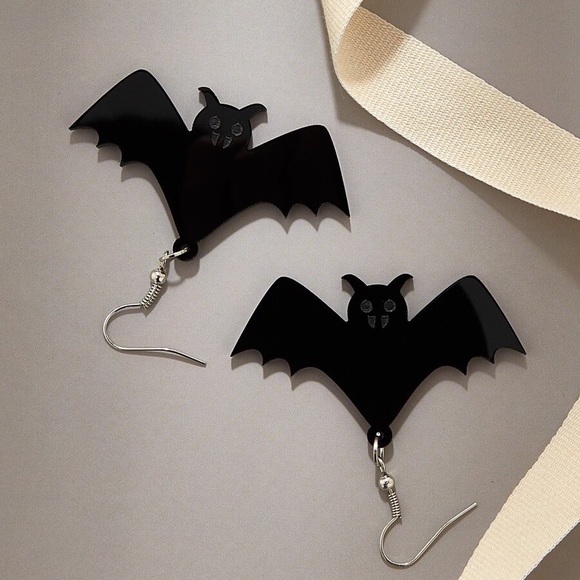 Any 2/&$20! Black Shiny Acrylic Hanging Bat Drop Earrings - Picture 2 of 9